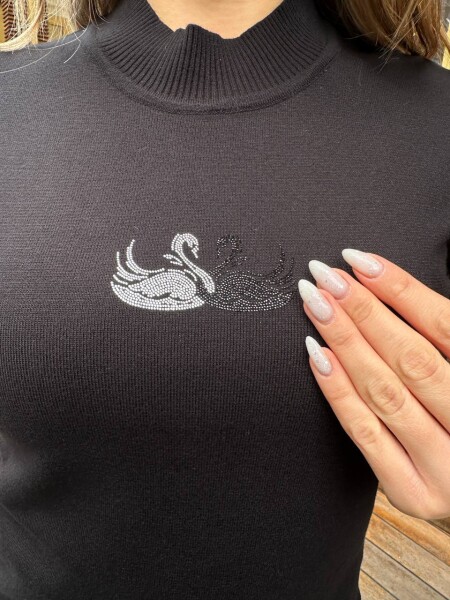 Knitted Sweater Swan Pattern Black - 32160 | KAZEE (3-Piece Set S-M-L) - 4