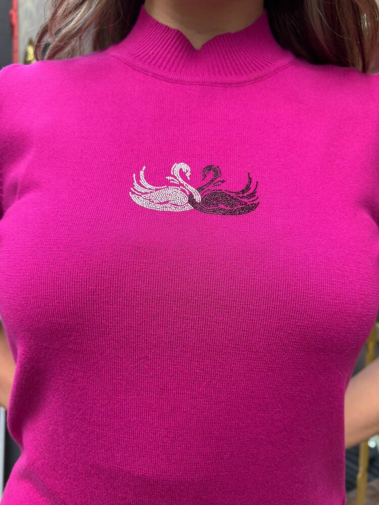 Knitted Sweater Swan Pattern Fuchsia - 32160 | KAZEE (3-Piece Set S-M-L) - 5