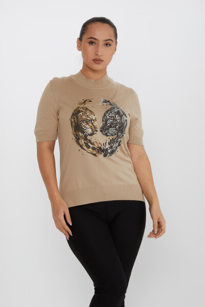 Knitted Sweater Tiger Stone Embroidered Beige - 30463 | KAZEE (Set of 4 L-XL-2XL-3XL) - 2