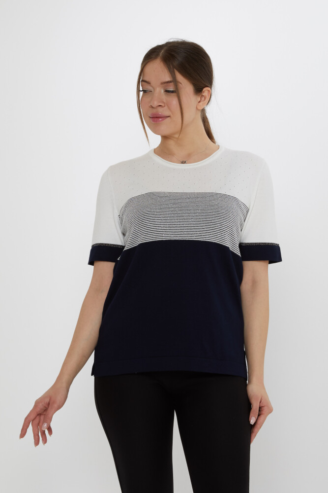Knitted Sweater Two-Tone Ecru-Navy Blue - 31863 | KAZEE (Set of 3 L-XL-2XL) - 2
