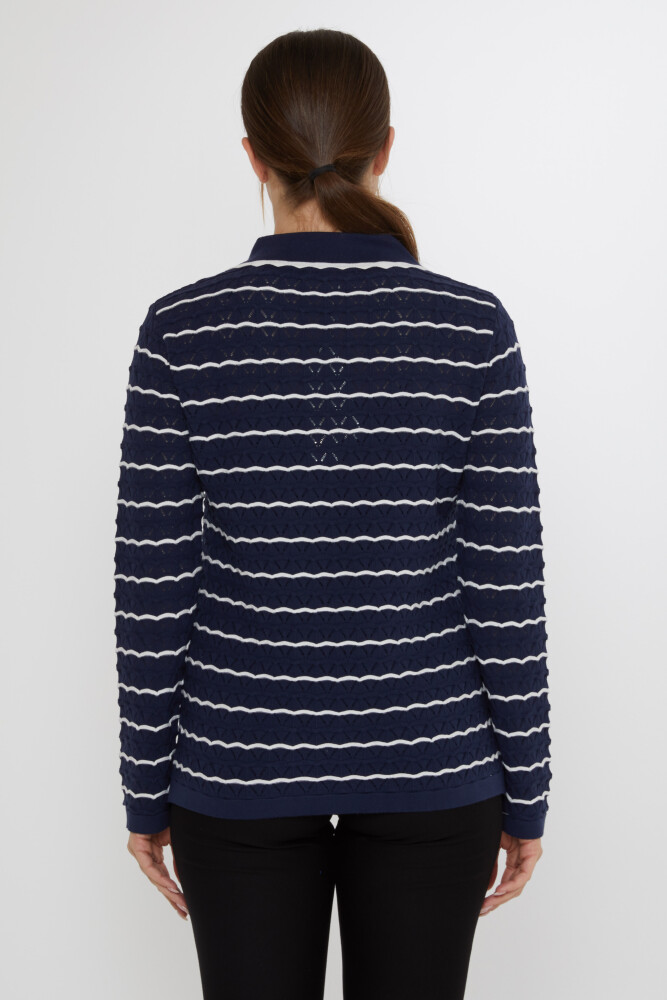 Knitted Sweater - Anchor Brooch - Navy Blue-Ecru - 31777 | KAZEE (3-Piece Set M-L-XL) - 5