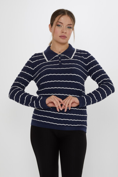 Knitted Sweater - Anchor Brooch - Navy Blue-Ecru - 31777 | KAZEE (3-Piece Set M-L-XL) 