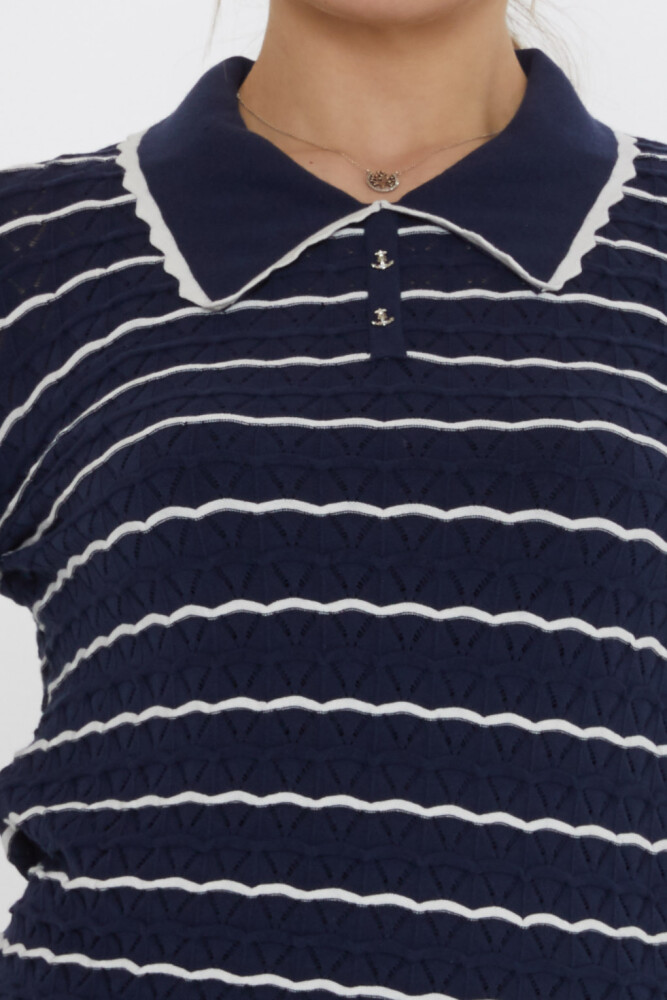 Knitted Sweater - Anchor Brooch - Navy Blue-Ecru - 31777 | KAZEE (3-Piece Set M-L-XL) - 4