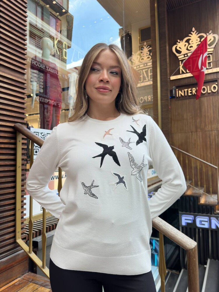 Knitted Sweater with Bird Pattern Ecru - 31064 | KAZEE (3-Piece Set M-L-XL) - 2