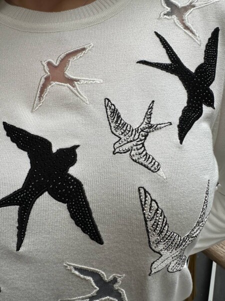 Knitted Sweater with Bird Pattern Ecru - 31064 | KAZEE (3-Piece Set M-L-XL) - 3