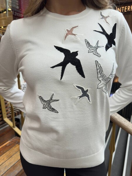 Knitted Sweater with Bird Pattern Ecru - 31064 | KAZEE (3-Piece Set M-L-XL) - 4