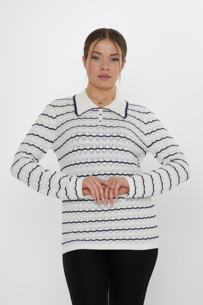 Knitted Sweater - Anchor Brooch - Ecru-Navy Blue - 31777 | KAZEE (3-Piece Set M-L-XL) - 1