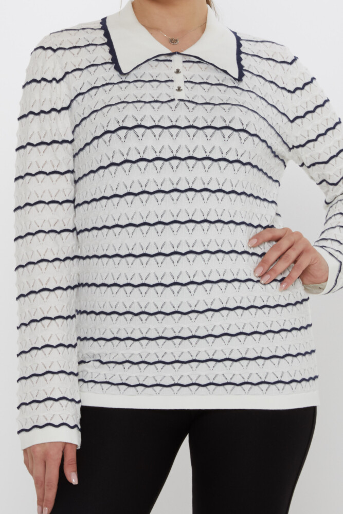 Knitted Sweater - Anchor Brooch - Ecru-Navy Blue - 31777 | KAZEE (3-Piece Set M-L-XL) - 3