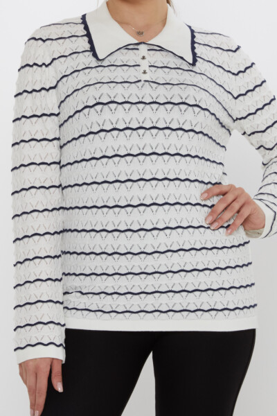 Knitted Sweater - Anchor Brooch - Ecru-Navy Blue - 31777 | KAZEE (3-Piece Set M-L-XL) - 3