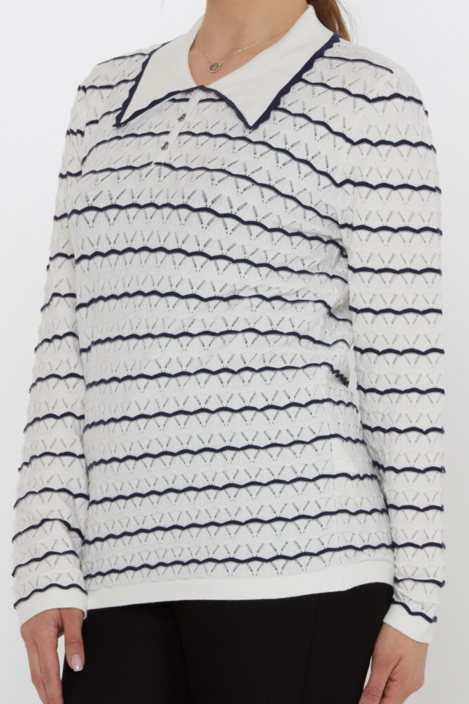 Knitted Sweater - Anchor Brooch - Ecru-Navy Blue - 31777 | KAZEE (3-Piece Set M-L-XL) - 4