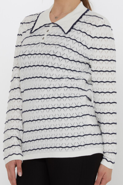 Knitted Sweater - Anchor Brooch - Ecru-Navy Blue - 31777 | KAZEE (3-Piece Set M-L-XL) - 4
