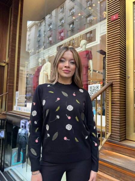 Knitted Sweater with Floral Embroidery, Black - 32166 | KAZEE (3-Piece Set L-XL-2XL) - KAZEE (1)