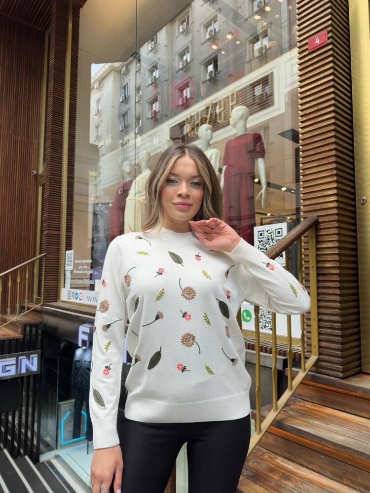 Knitted Sweater with Floral Embroidery, Ecru - 32166 | KAZEE (3-Piece Set L-XL-2XL) - 2