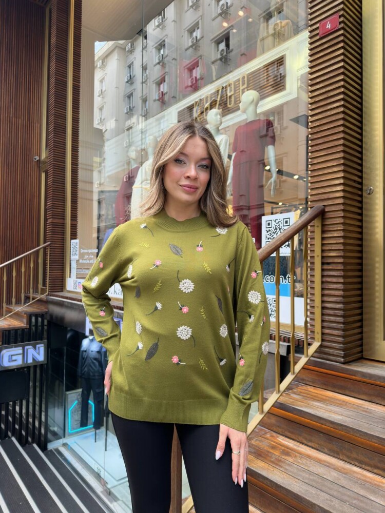 Knitted Sweater with Floral Embroidery Green - 32166 | KAZEE (3-Piece Set L-XL-2XL) - 1