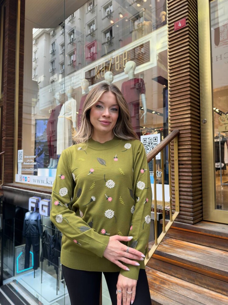 Knitted Sweater with Floral Embroidery Green - 32166 | KAZEE (3-Piece Set L-XL-2XL) - 3