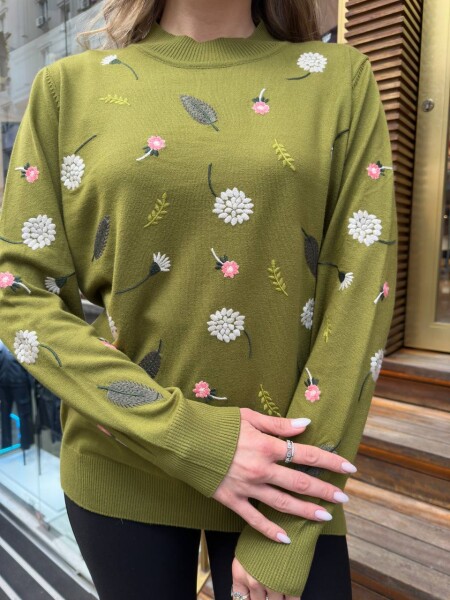 Knitted Sweater with Floral Embroidery Green - 32166 | KAZEE (3-Piece Set L-XL-2XL) - 4