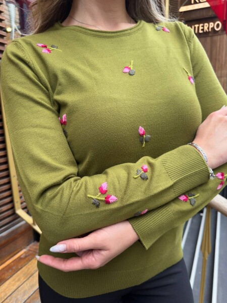 Knitted Sweater - Floral Embroidery - Green - 32167 | KAZEE (3-Piece Set S-M-L) - 4