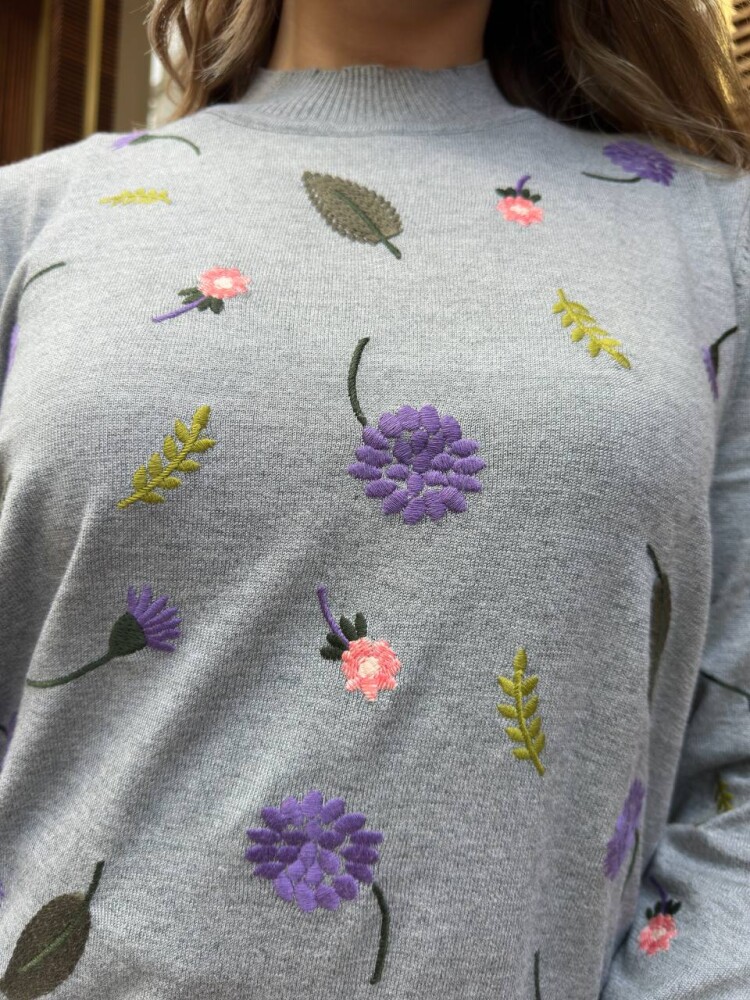Knitted Sweater Floral Embroidery Grey - 32166 | KAZEE (3-Piece Set L-XL-2XL) - 4