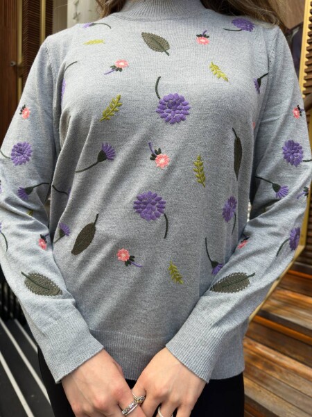 Knitted Sweater Floral Embroidery Grey - 32166 | KAZEE (3-Piece Set L-XL-2XL) - 5