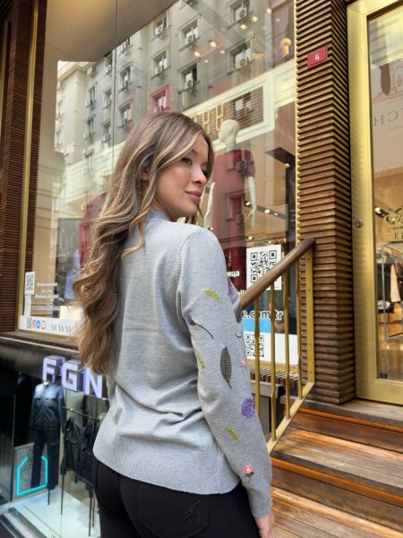 Knitted Sweater Floral Embroidery Grey - 32166 | KAZEE (3-Piece Set L-XL-2XL) - 6