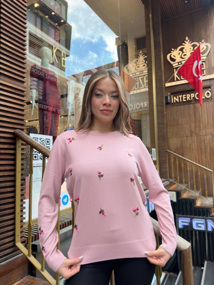 Knitted Sweater Floral Embroidery Powder Pink - 32167 | KAZEE (3-Piece Set S-M-L) - 2