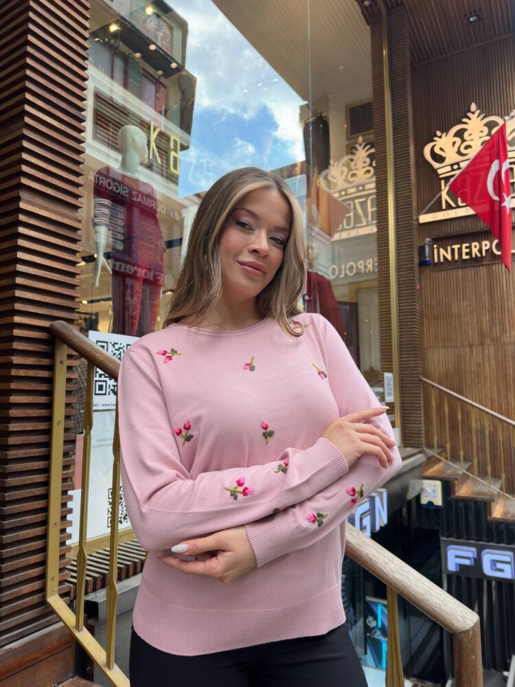 Knitted Sweater Floral Embroidery Powder Pink - 32167 | KAZEE (3-Piece Set S-M-L) - 1