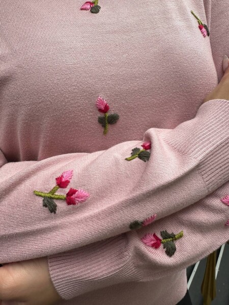 Knitted Sweater Floral Embroidery Powder Pink - 32167 | KAZEE (3-Piece Set S-M-L) - 4