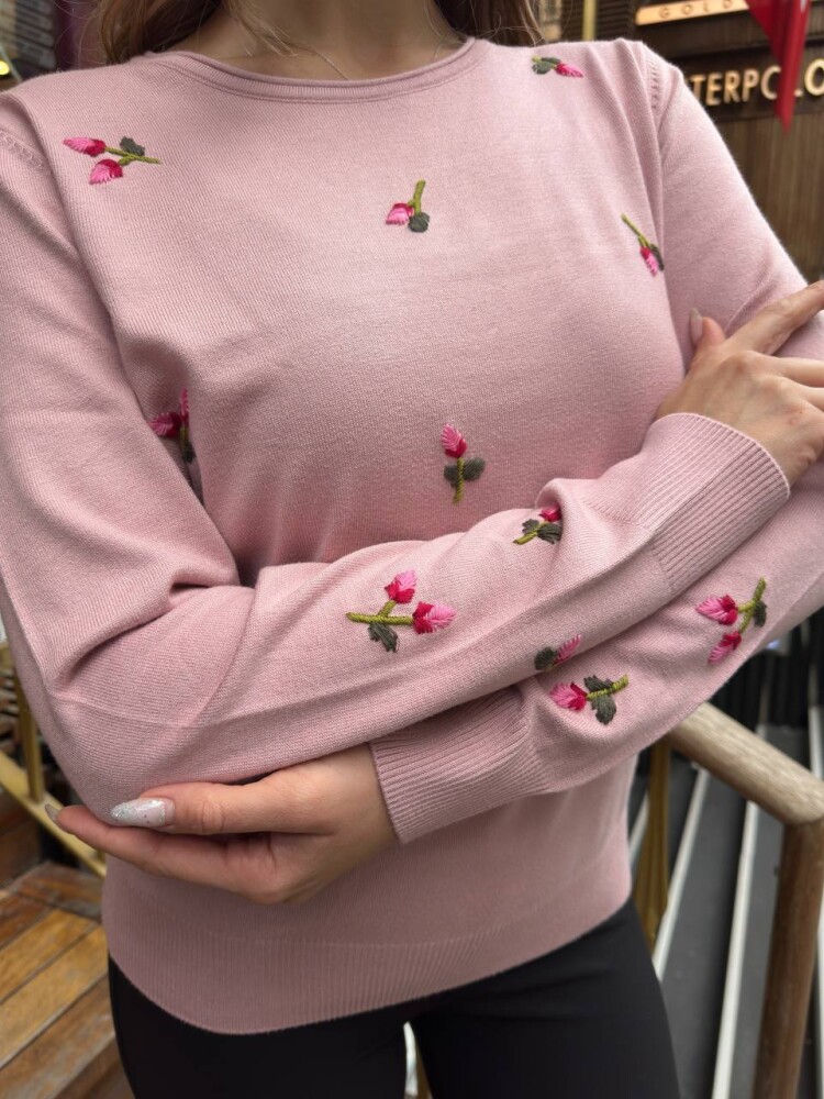 Knitted Sweater Floral Embroidery Powder Pink - 32167 | KAZEE (3-Piece Set S-M-L) - 5