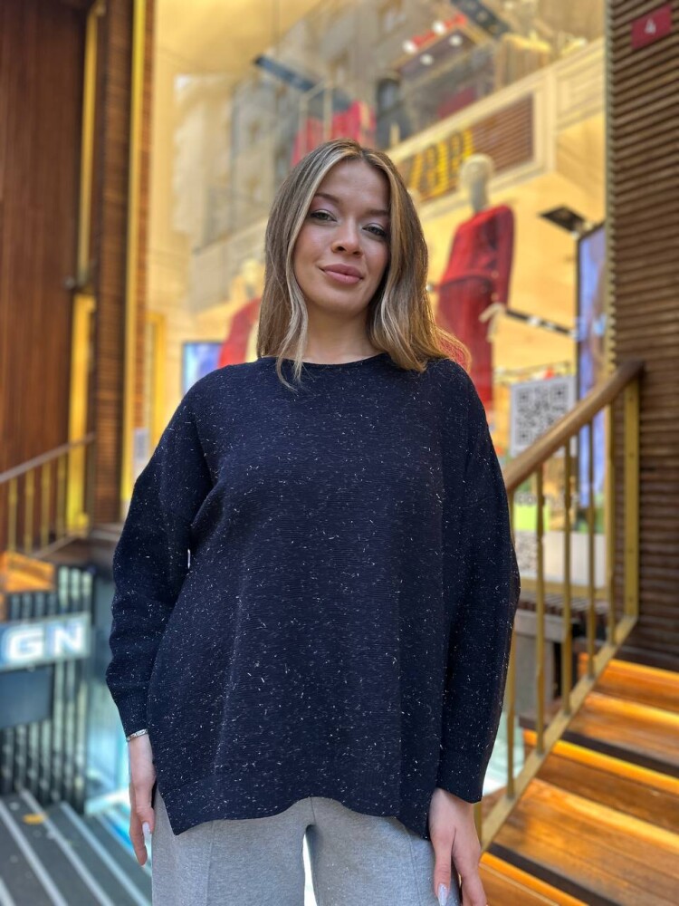 Knitted Sweater - Glittery Trim - Navy Blue - 32141 | KAZEE (3-Piece Set M-L-XL) - 1