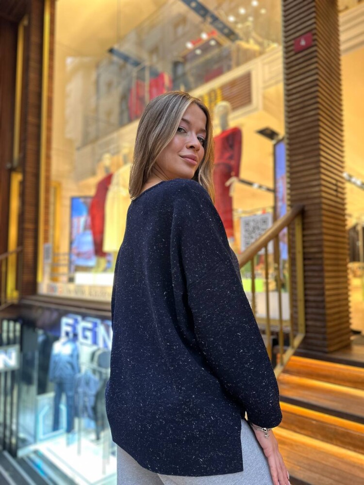 Knitted Sweater - Glittery Trim - Navy Blue - 32141 | KAZEE (3-Piece Set M-L-XL) - 3