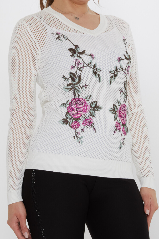 Knitted Sweater Rose Embroidered - Ecru - 31113 | KAZEE (3-Piece Set S-M-L) - 4