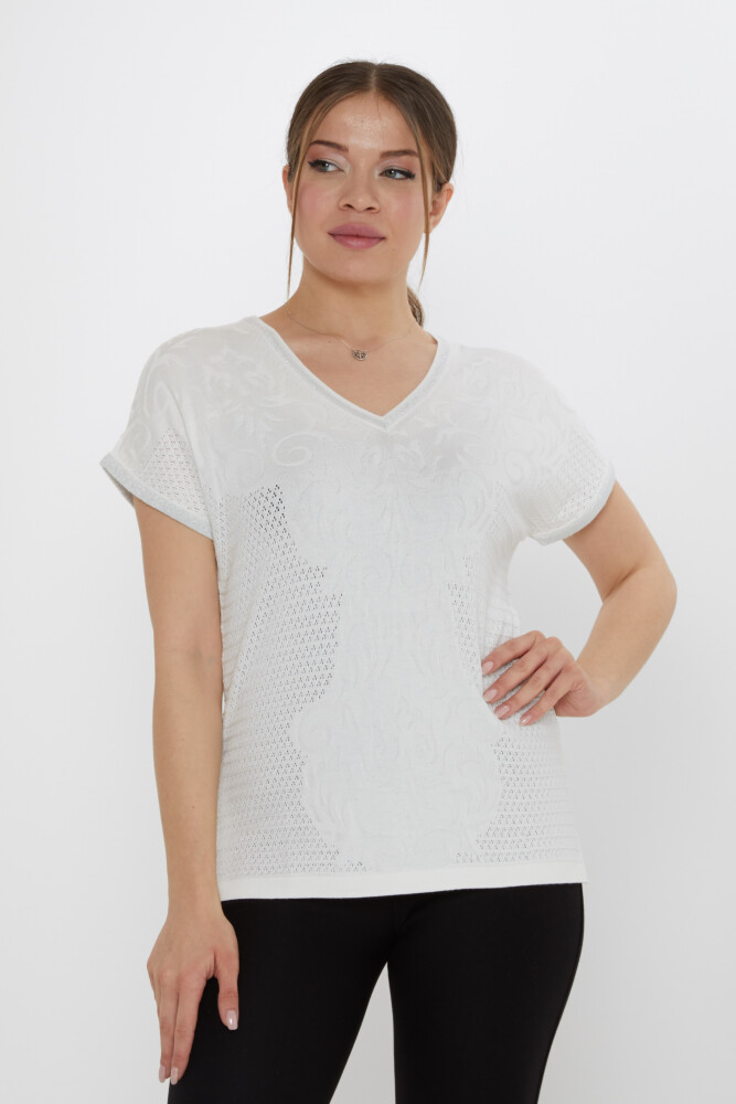 Knitted Sweater with Slit Detail, Ecru - 31249 | KAZEE (3-Piece Set L-XL-2XL) - 2