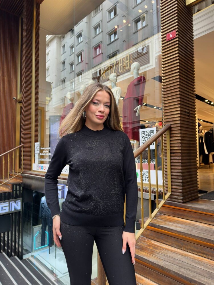 Knitted Sweater Stone Embellished Black - 32065 | KAZEE (3-Piece Set L-XL-2XL) - 2