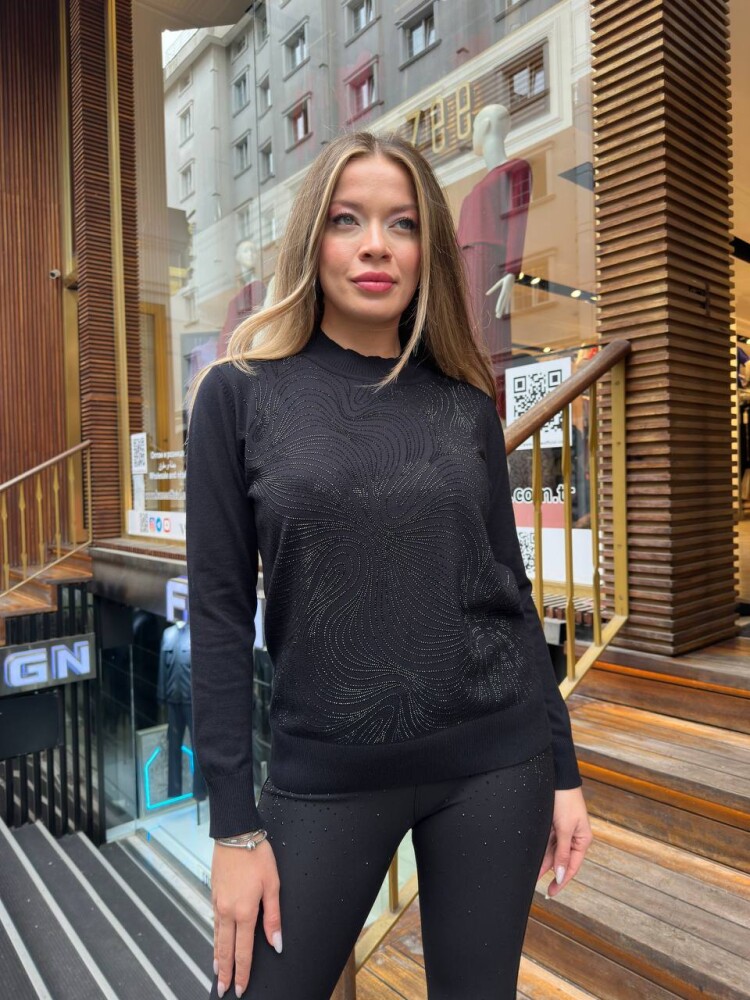 Knitted Sweater Stone Embellished Black - 32065 | KAZEE (3-Piece Set L-XL-2XL) - 4