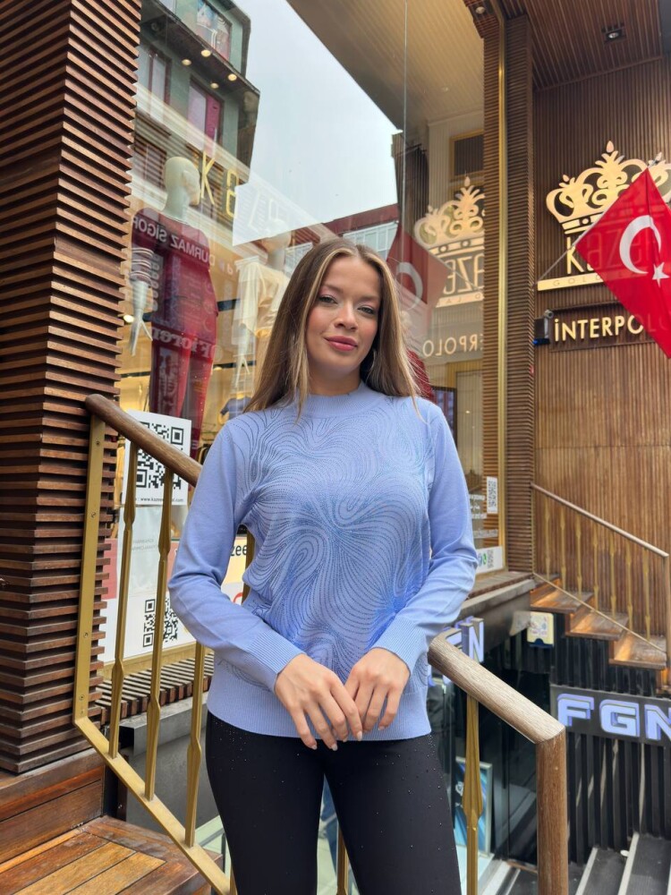 Knitted Sweater - Stone Embellished - Blue - 32065 | KAZEE (3-Piece Set L-XL-2XL) - 1