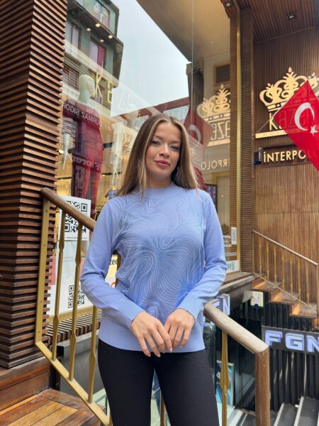 Knitted Sweater - Stone Embellished - Blue - 32065 | KAZEE (3-Piece Set L-XL-2XL) 