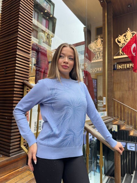 Knitted Sweater - Stone Embellished - Blue - 32065 | KAZEE (3-Piece Set L-XL-2XL) - 3