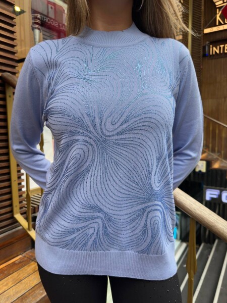 Knitted Sweater - Stone Embellished - Blue - 32065 | KAZEE (3-Piece Set L-XL-2XL) - 5