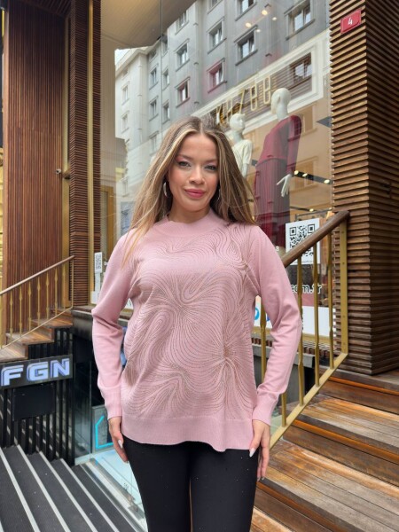 Knitted Sweater Stone Embellished Powder Pink - 32065 | KAZEE (3-Piece Set L-XL-2XL) 
