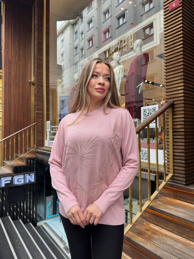 Knitted Sweater Stone Embellished Powder Pink - 32065 | KAZEE (3-Piece Set L-XL-2XL) - 2