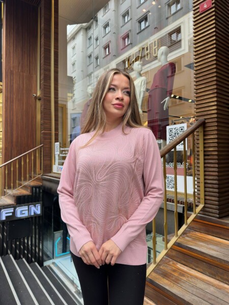 Knitted Sweater Stone Embellished Powder Pink - 32065 | KAZEE (3-Piece Set L-XL-2XL) - KAZEE (1)