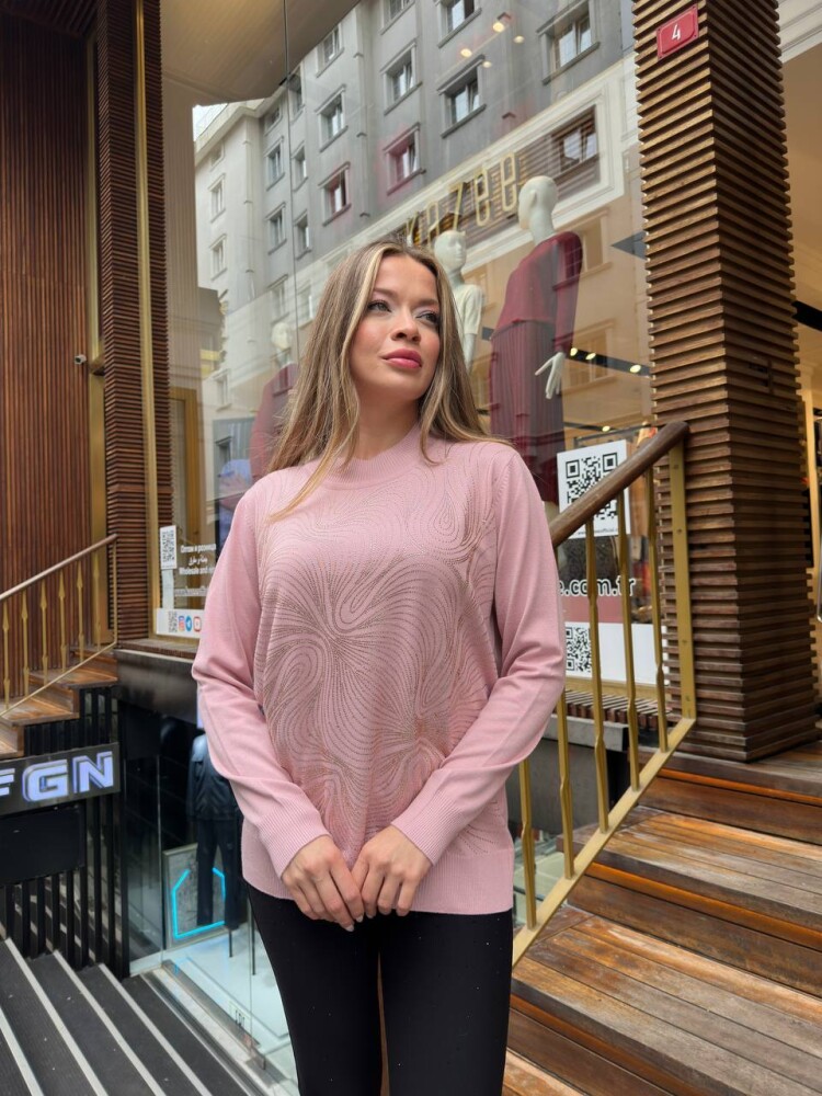 Knitted Sweater Stone Embellished Powder Pink - 32065 | KAZEE (3-Piece Set L-XL-2XL) - 3