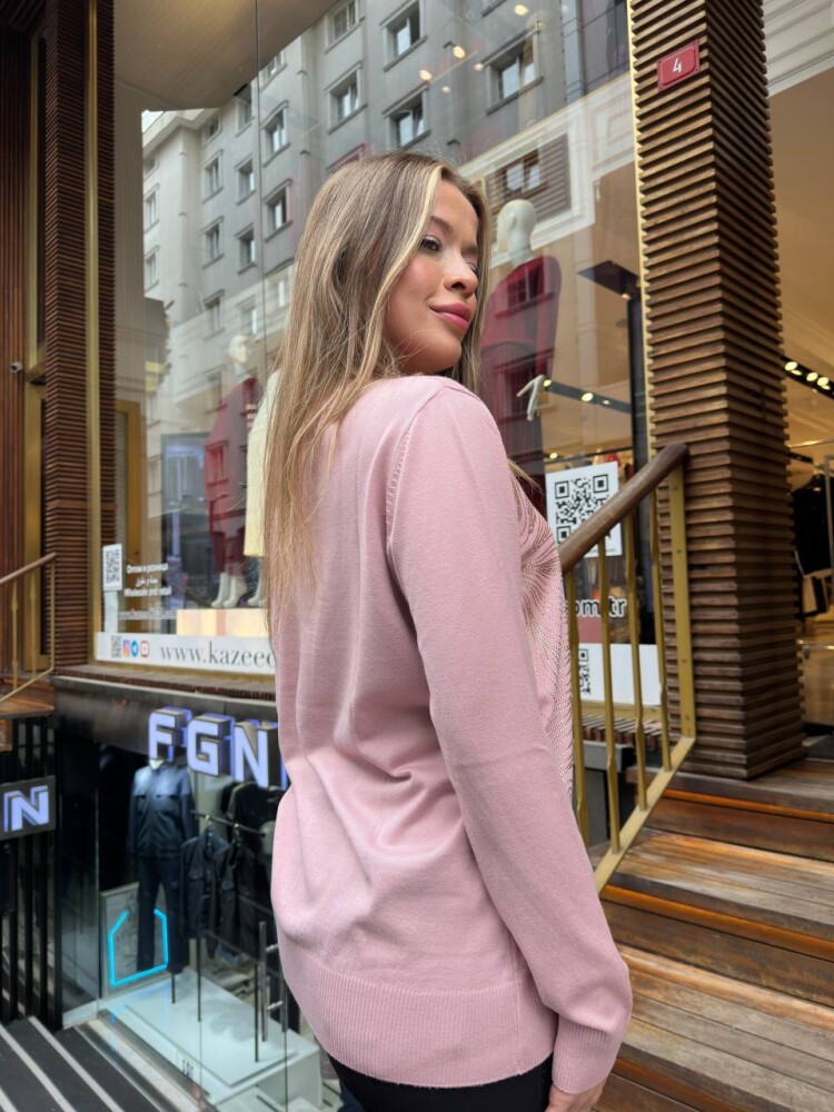 Knitted Sweater Stone Embellished Powder Pink - 32065 | KAZEE (3-Piece Set L-XL-2XL) - 5