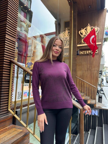 Knitted Sweater Embellished with Stones Purple - 32065 | KAZEE (3-Piece Set L-XL-2XL) - 3