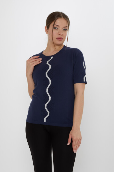 Knitted Sweater - Stones Embellished - Navy Blue - 31758 | KAZEE (3-Piece Set M-L-XL) 