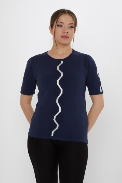 Knitted Sweater - Stones Embellished - Navy Blue - 31758 | KAZEE (3-Piece Set M-L-XL) - 2