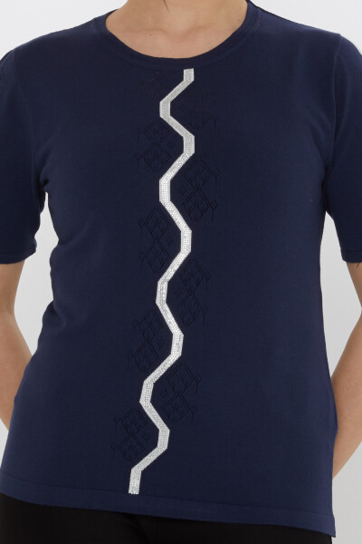 Knitted Sweater - Stones Embellished - Navy Blue - 31758 | KAZEE (3-Piece Set M-L-XL) - 3