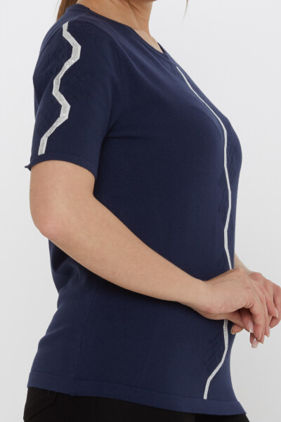 Knitted Sweater - Stones Embellished - Navy Blue - 31758 | KAZEE (3-Piece Set M-L-XL) - 4