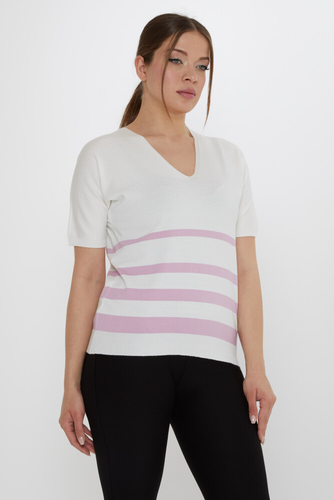 Knitted Sweater - Striped Detail - Ecru-Purple - 31176 | KAZEE (3-Piece Set M-L-XL) - 2