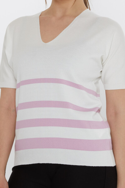 Knitted Sweater - Striped Detail - Ecru-Purple - 31176 | KAZEE (3-Piece Set M-L-XL) - 4